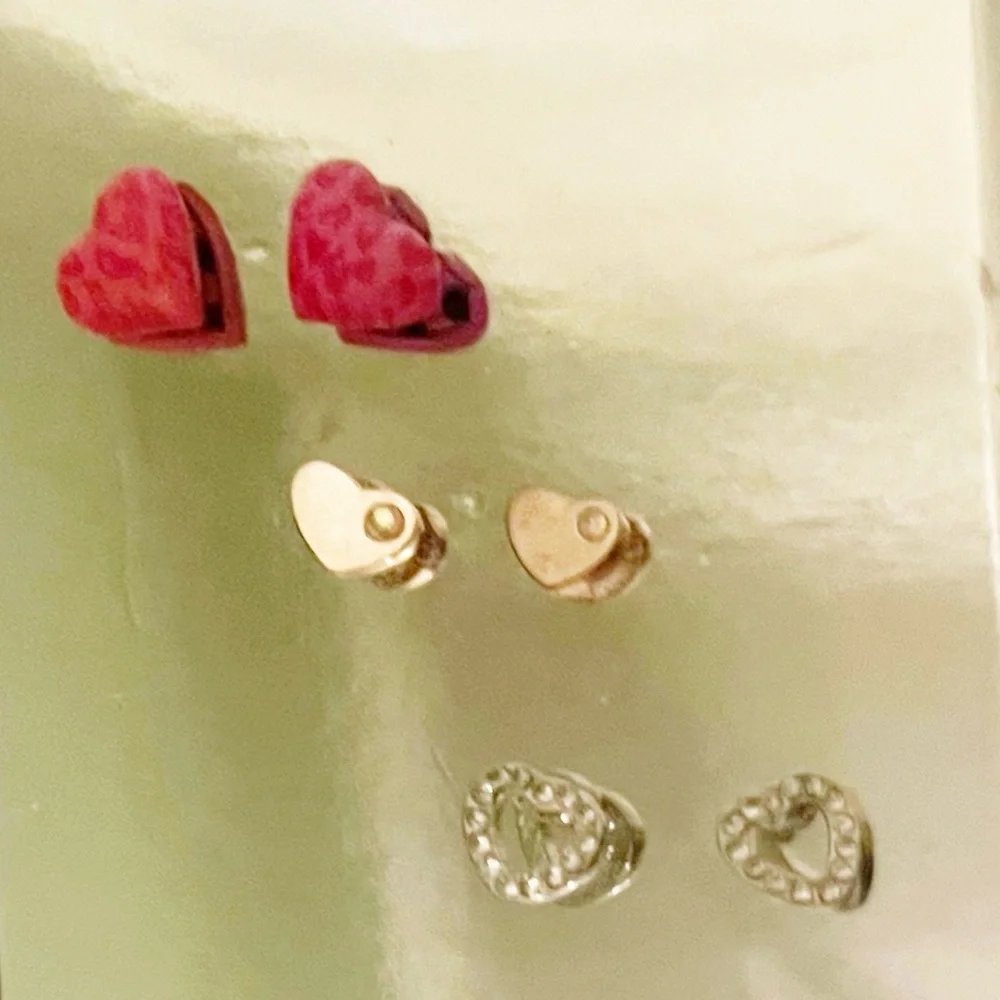 Heart Earrings - Pink and Red Leopard, Gold Tone, & Silvertone - New - 3 Pairs!